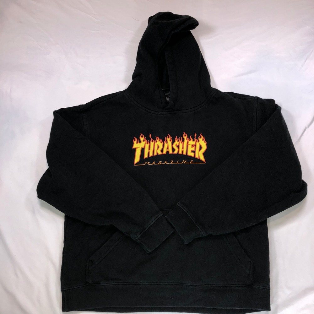 Thrasher Magazine Flame Logo Hoodie Kids Medium Black Skate Pullover NBBE 104A6